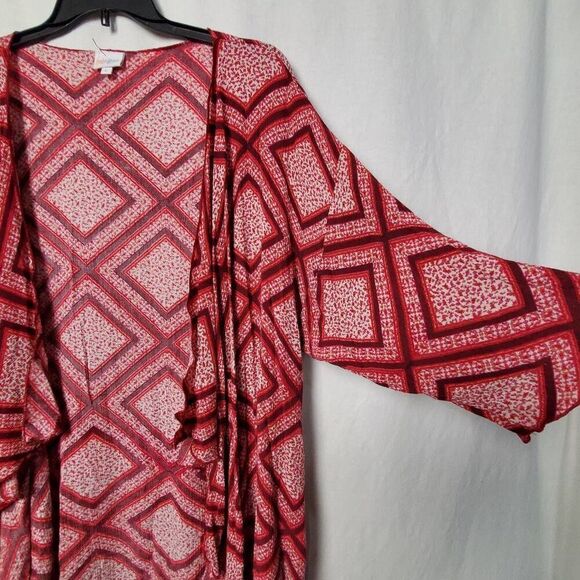 LuLaRoo Large Red/Pink Print Open Front Fly-away Light weight Cover Cardigan - Picture 4 of 9